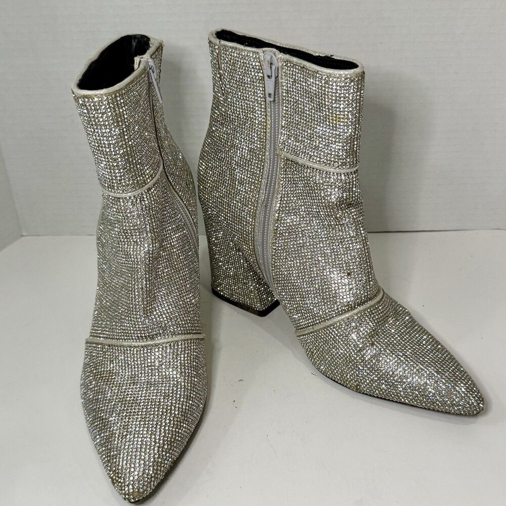 Sparkle Rhinestone Disco Ankle Boots Point Toe Block Heel Silver Women’s Size 8